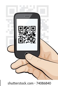 Illustration Of A Mobile Phone In The Male Hand Scanning Qr Code.