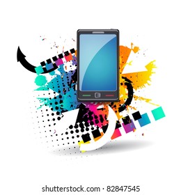 Illustration of mobile phone. Retro background