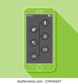 Illustration with a mobile phone. Set of infographic elements in flat style with business signs and a long shadow - Shutterstock ID 174545657