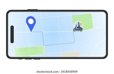 Illustration of a mobile phone showing a delivery man's route. Delivery. Courier. Delivery service.