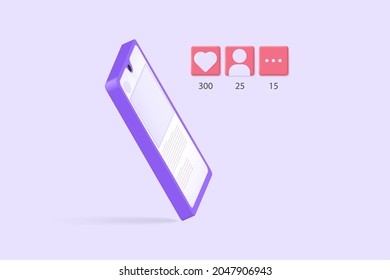 illustration of a mobile phone with social media posts showing likes, new followers and comments from visitors.