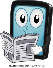 Illustration of a Mobile Phone or Tablet Mascot Reading the News