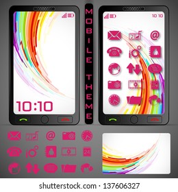illustration of mobile phone theme with colorful background and application button