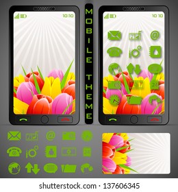 illustration of mobile phone theme with colorful background and application button
