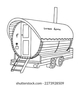 An Illustration of a mobile sauna or house on wheels for travel isolated on a white background for a coloring book with lettering Sweet home