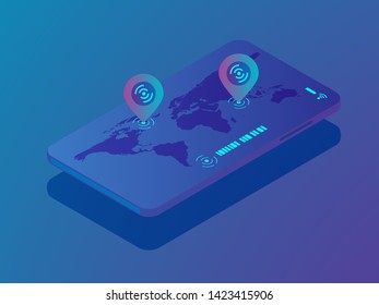 illustration of mobile smartphone with location application, pin location on world map vector isometric background