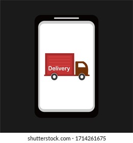 
illustration of a mobile telephone, and delivery car, in cartoon style. illustration of shipping services.