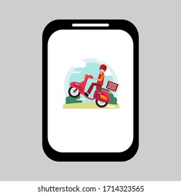 Illustration von Mobiltelefonen, Kurierdiensten und Motorradtransportern im Cartoon-Stil. Veranschaulichung der Seeverkehrsdienstleistungen.