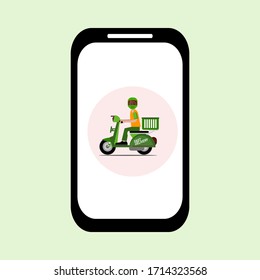 Illustration von Mobiltelefonen, Kurierdiensten und Motorradtransportern im Cartoon-Stil. Veranschaulichung der Seeverkehrsdienstleistungen.