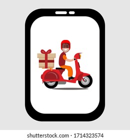 Illustration von Mobiltelefonen, Kurierdiensten und Motorradtransportern im Cartoon-Stil. Veranschaulichung der Seeverkehrsdienstleistungen.