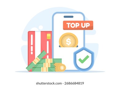 Ilustración de un concepto de recarga móvil con teléfono inteligente, escudo, tarjeta de pago y monedas, que representa la recarga de saldo segura, la tecnología móvil y la seguridad de pago digital.