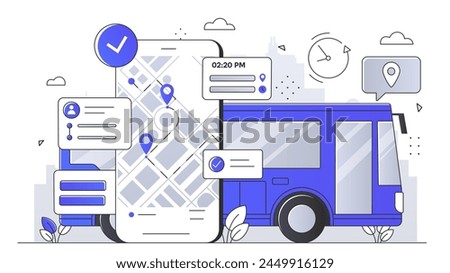 Illustration of mobile tracking interface and bus, modern flat style, simple geometric background, concept of public transport management. Line art style creative modern vector illustration