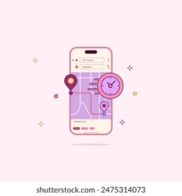 Ilustración del Vector móvil con una pantalla de mapa, servicio de envío, ícono de ruta y ubicación