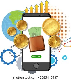 Illustration of mobile wallet with cryptocurrency symbols