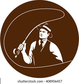 Illustration of a mobster gangster fly fisherman wearing fedora hat fishing casting fly rod set inside circle on isolated background done in retro style. 