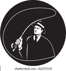 Illustration of a mobster gangster fly fisherman wearing suit, tie and hat fishing casting fly rod set inside circle on isolated background done in retro style. 