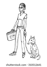 Illustration of the model in a big glasses with dog and bag.