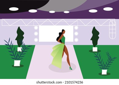 ILLUSTRATION OF MODEL CLEARING GREEN WALKING ON THE CATWALK SHOWING OUT

