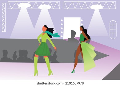 ILLUSTRATION OF MODEL CLEARING GREEN WALKING ON THE CATWALK SHOWING OUT
