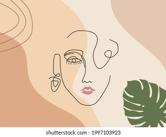 illustration of modern abstract aesthetic woman face with leaf background perfect for print and wall decoration