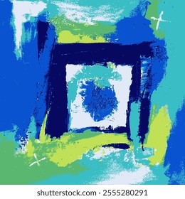 Illustration of a Modern Abstract Art - Background - Original Contemporary Painting in Blue and Green Colors