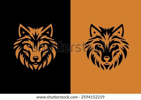 Illustration of a modern and abstract wolf head against contrasting black and orange tones, showcasing strength and primal energy.