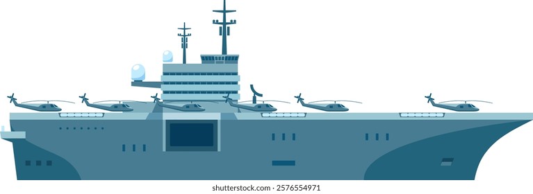 Illustration of a modern aircraft carrier with multiple helicopters landing on its deck. The design showcases naval aviation and military technology in a detailed vector style