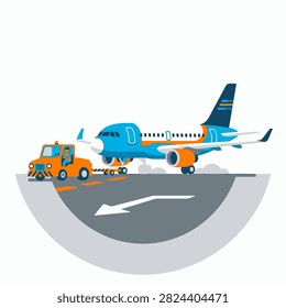 An illustration of a modern airplane being pushed back from a gate by a small tug vehicle on an airport tarmac.