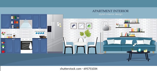 Illustration of modern apartment interior design: kitchen, dining room, living room. Flat style vector illustration.