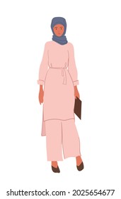 an illustration of a modern Arab girl in a hijab. a student or businesswoman with a folder in her hands, isolated on a white background