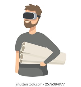 Illustration of a modern architect holding blueprints while wearing a vr headset