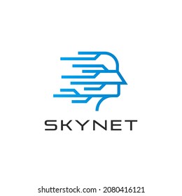 Illustration modern Artificial Intelligence Human Face with Digital Technology Cyborg logo design