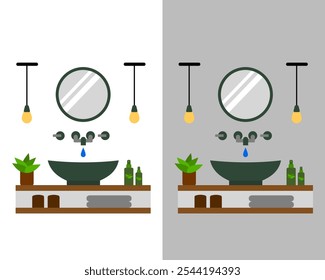 Ilustração de uma pia moderna do banheiro com uma bacia, espelho, toalha, sabão, torneira elegante e vaidade minimalista para conceitos de design de casa ou interior para lavar a mão e o rosto