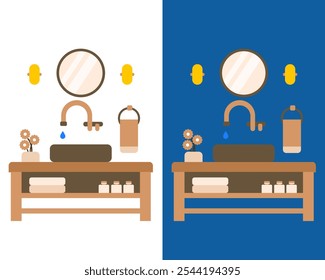 Ilustração de uma pia moderna do banheiro com uma bacia, espelho, toalha, sabão, torneira elegante e vaidade minimalista para conceitos de design de casa ou interior para lavar a mão e o rosto