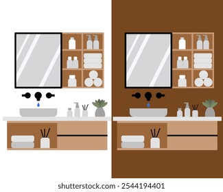 Ilustração de uma pia moderna do banheiro com uma bacia, espelho, toalha, sabão, torneira elegante e vaidade minimalista para conceitos de design de casa ou interior para lavar a mão e o rosto