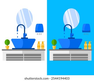 Ilustração de uma pia moderna do banheiro com uma bacia, espelho, toalha, sabão, torneira elegante e vaidade minimalista para conceitos de design de casa ou interior para lavar a mão e o rosto