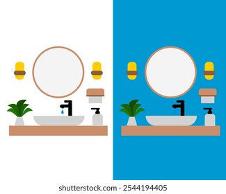 Ilustração de uma pia moderna do banheiro com uma bacia, espelho, toalha, sabão, torneira elegante e vaidade minimalista para conceitos de design de casa ou interior para lavar a mão e o rosto