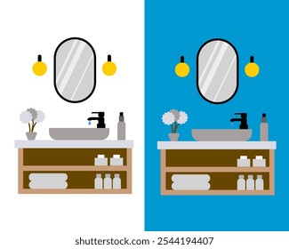 Ilustração de uma pia moderna do banheiro com uma bacia, espelho, toalha, sabão, torneira elegante e vaidade minimalista para conceitos de design de casa ou interior para lavar a mão e o rosto