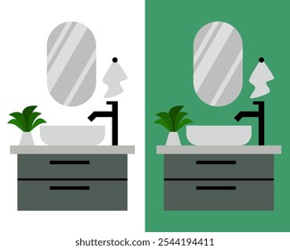 Illustration eines modernen Waschbeckens mit Waschbecken, Spiegel, Handtuch, Seife, stylischem Wasserhahn und minimalistischer Eitelkeit für Haus- oder Innenausstattungskonzepte zum Waschen von Hand und Gesicht