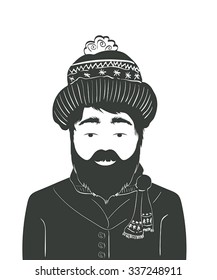 Illustration of modern beard man with hat and scarf isolated on white background