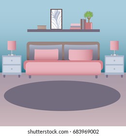 Illustration of modern bedroom with carpet and bed. Flat design, minimalist style. Vector illustration
