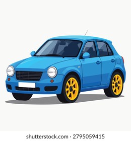 An illustration of a modern blue hatchback car featuring yellow alloy wheels and a sleek design on a white background