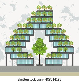 Illustration of the modern building with the trees on the roof, as an example of urban gardening and combination of architecture with nature