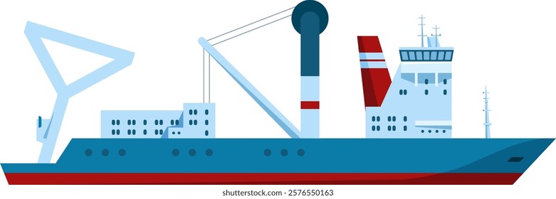 Illustration of a modern cargo ship featuring distinctive design elements, including a large crane and streamlined structure. Ideal for maritime and transportation themes