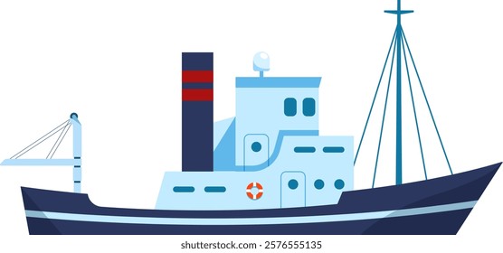 Illustration of a modern cargo ship featuring a blue and white color scheme, showcasing nautical elements like lifebuoy and masts, highlighting maritime transportation themes