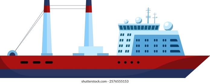 Illustration of a modern cargo ship featuring a sleek red and blue design. Equipped with advanced navigation and communication systems, ideal for maritime transport and logistics