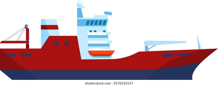 Illustration of a modern cargo ship showcasing a sleek red and blue design. The vessel features advanced structures and equipment, emphasizing maritime transport and industry