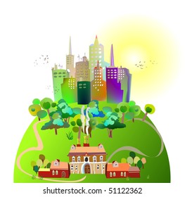 illustration of the modern city and country side house