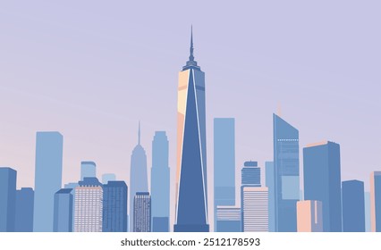 Illustration of a modern city skyline at dawn, featuring tall skyscrapers and pastel tones, representing urban life and architecture