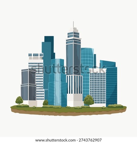 Illustration of a modern city skyline with various skyscrapers and green trees on a floating landmass. Clean lines and minimalist style. Vector.